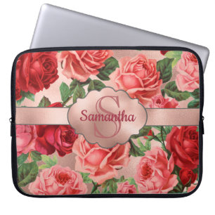 Elegant Vintage Rosa Röd ros Blommigt Monogrammad Laptop Fodral