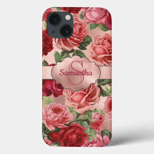 Elegant Vintage Rosa Röd ros Blommigt Monogrammat (Baksida)