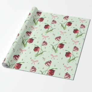Elegant Vintage Rosa Slöjor Tulpaner Blommönster Presentpapper