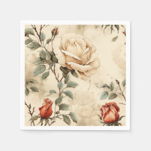 Elegant Vintage Rosblomma Beige Blommig Design Pappersservett