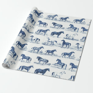 Elegant Vintage Rustic Blå Hästracer Toile Presentpapper