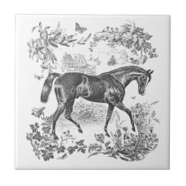 Elegant Vintage Rustic Black Horse Blommigt Toile Kakelplatta