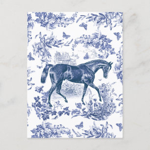 Elegant Vintage Rustik Blå Häst Blommig Toile Vykort