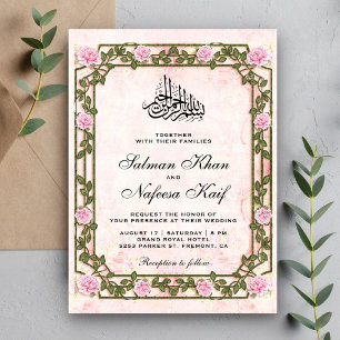 Elegant Vintage Rustik Rosa Rosor Islamisk Bröllop Inbjudningar