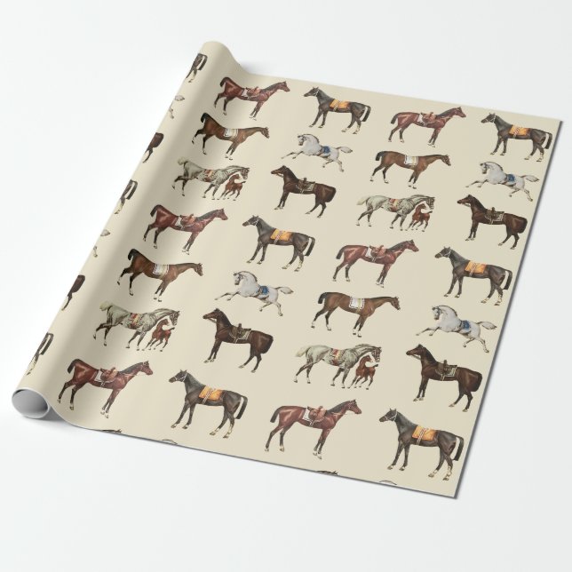 Elegant Vintage Saddled Horses Brown Beige Presentpapper (Utrullad)