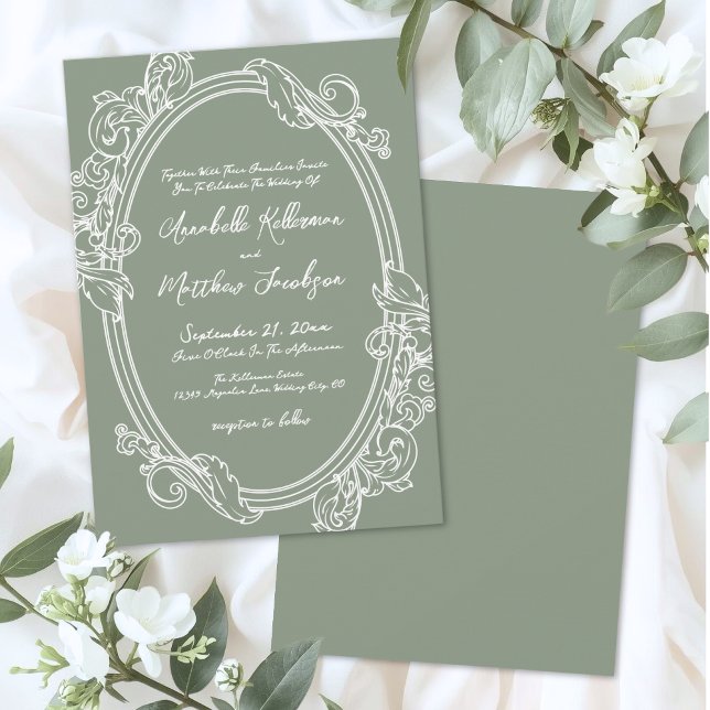 Elegant Vintage Sage Green Wedding Inbjudningar (Elegant Vintage Sage Green Wedding Invitation)