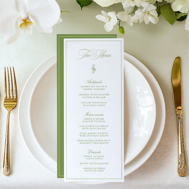 Elegant Vintage Sälggrön Trädgård Bröllopsmeny Inbjudningar (Elegant Vintage Sage & Gray Garden Wedding Menu)
