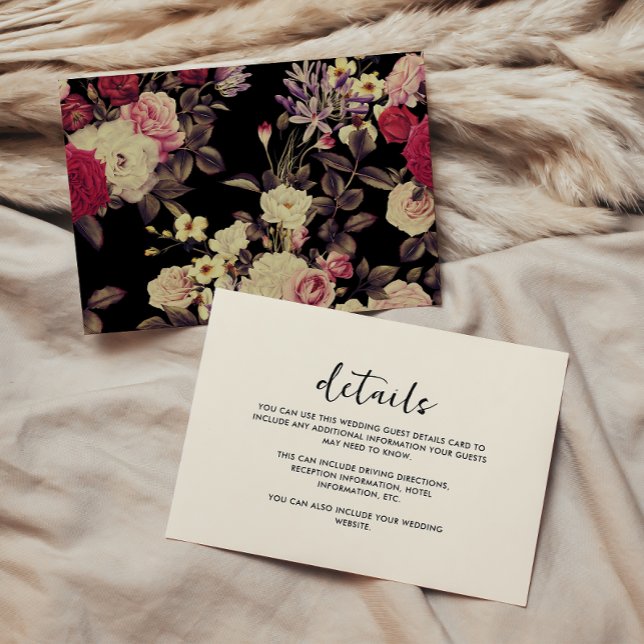 Elegant Vintage  Se Blommigt Bröllop gästinformati (This beautiful moody floral wedding guest detail card is part of our coordinating wedding suite.)