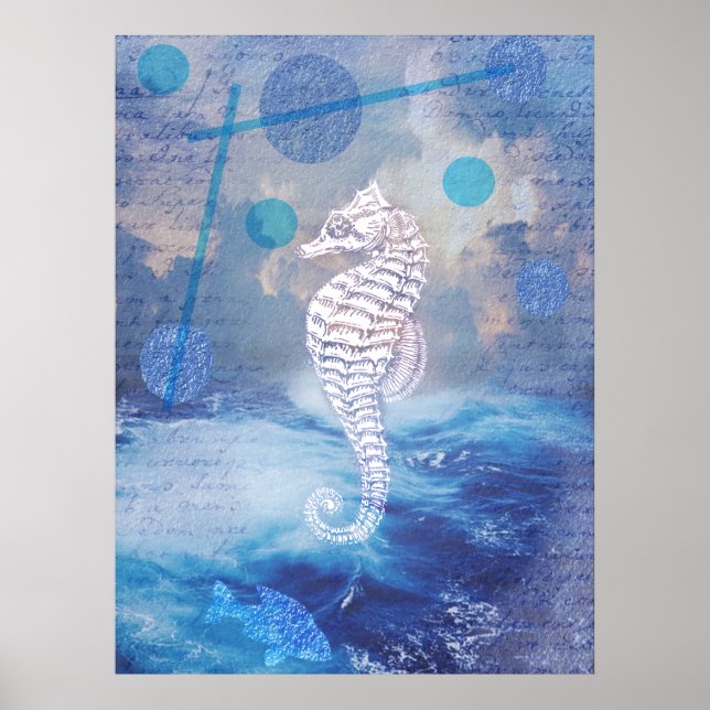 Elegant Vintage Seahorse Blue Ocean Vinkarare Poster (Framsidan)