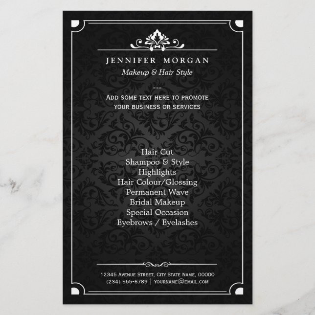 Elegant Vintage Shadow Damask Beauty Salon Flygblad (Framsidan)