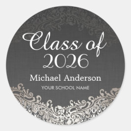 Elegant Vintage Silver Damaskklass i Studenten Runt Klistermärke