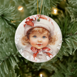 Elegant vintage skönhet julflicka med rött båge julgransprydnad keramik