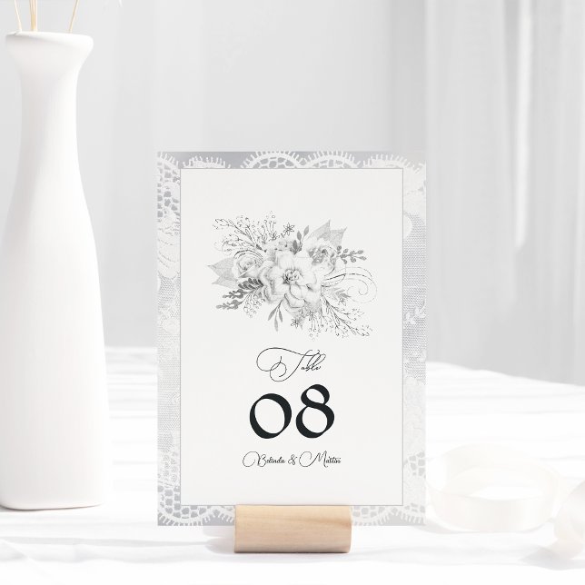 Elegant Vintage Snöre Blommigt Bröllop Bordsnummer (Elegant Vintage Lace Floral Wedding Table Number)
