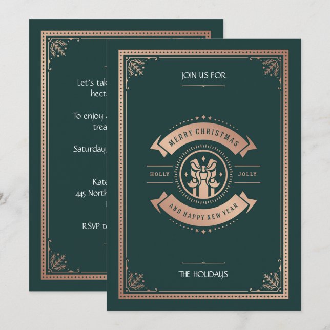 Elegant Vintage Stil Hunter Grönt jul Party Inbjudningar (Fram/baksida)