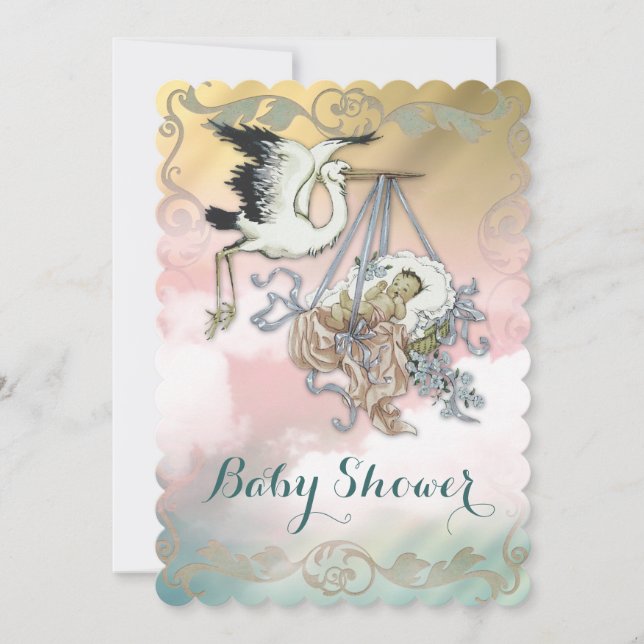 Elegant Vintage Stork Baby Shower Inbjudningar (Framsida)