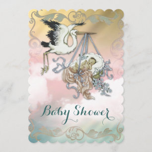 Elegant Vintage Stork Bebisbad Inbjudningar