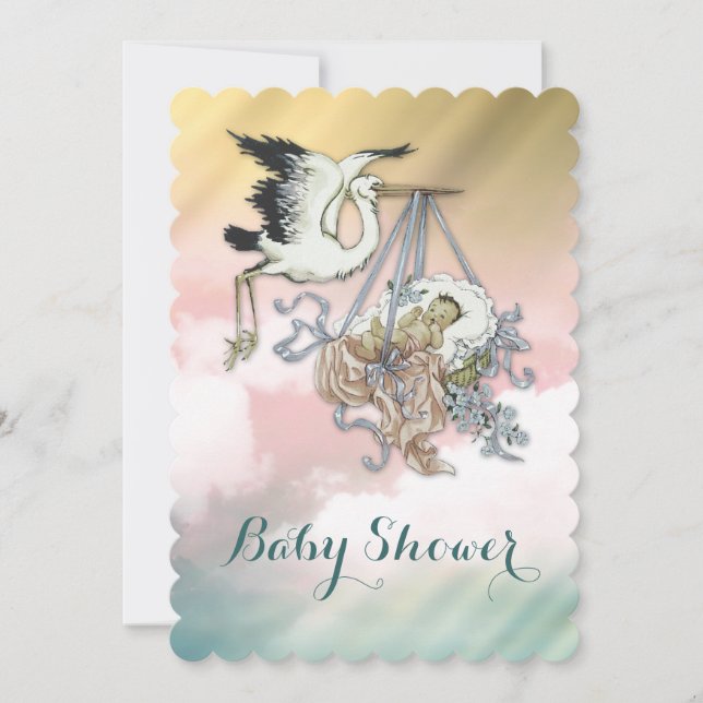 Elegant Vintage Stork Bebisbad Inbjudningar (Framsida)