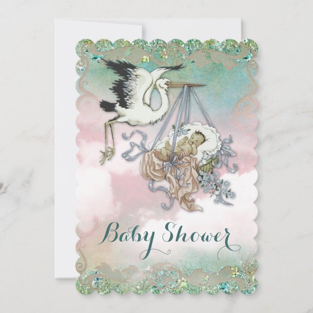 Elegant Vintage Stork Bebisbad Inbjudningar (Framsida)