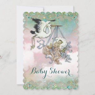 Elegant Vintage Stork Bebisbad Inbjudningar