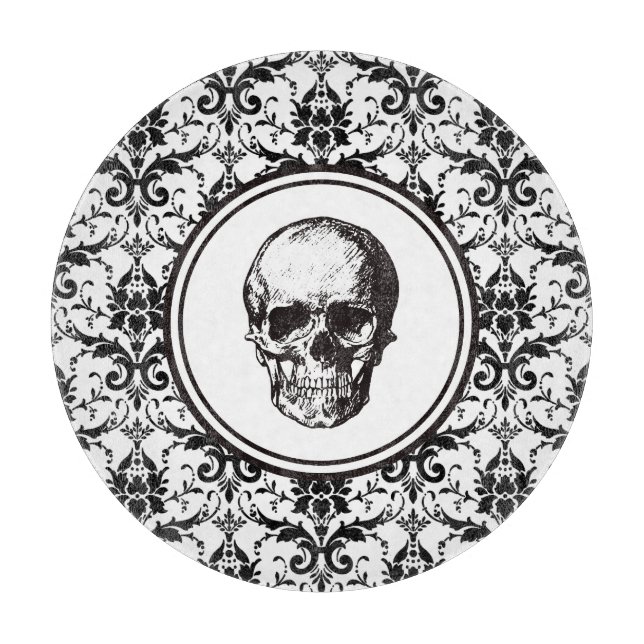 Elegant Vintage Svart Damask Mönster Dödskalle (Framsidan)