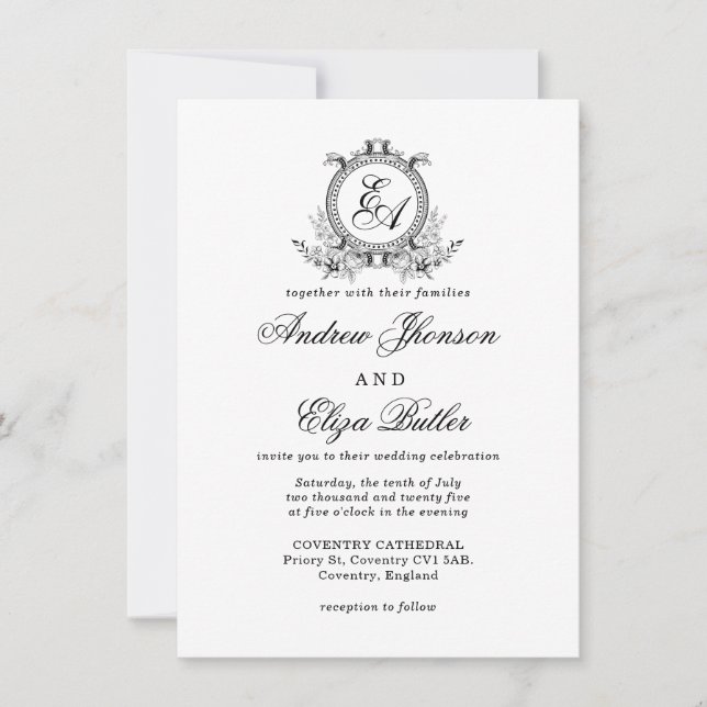 Elegant Vintage Svartvit monogram Inbjudningar (Framsida)