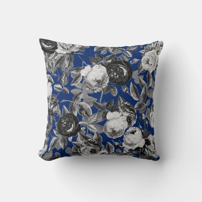Elegant Vintage Svartvit Ro Royal blått Kudde (Framsida)