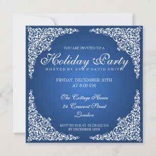 Elegant Vintage Swirls Julfest Blue Inbjudningar