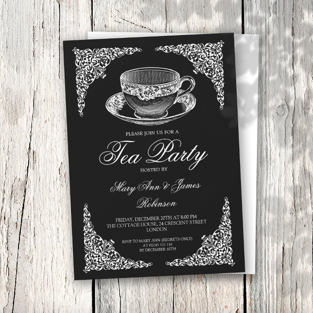 Elegant Vintage Tea Party Black Inbjudningar (Skapare uppladdad)