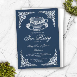 Elegant Vintage Tea Party marinblått Inbjudningar