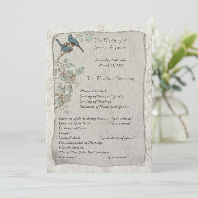 Elegant Vintage Teal Birds Damask Wedding Program (Stående Fram)