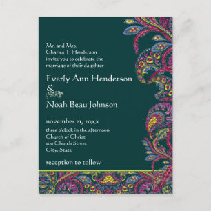 Elegant Vintage Teal Paisley bröllopsinbjudan Inbjudan Vykort