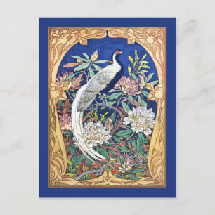 Elegant Vintage Tropical Bird and Flowers Blue Vykort