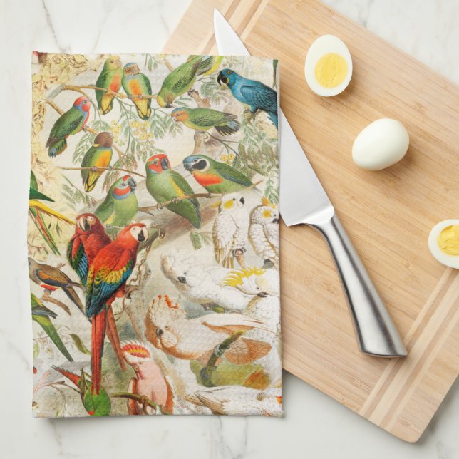 Elegant Vintage Tropical Birds Parrots Kökshandduk (Vikt i Fjärdedel)