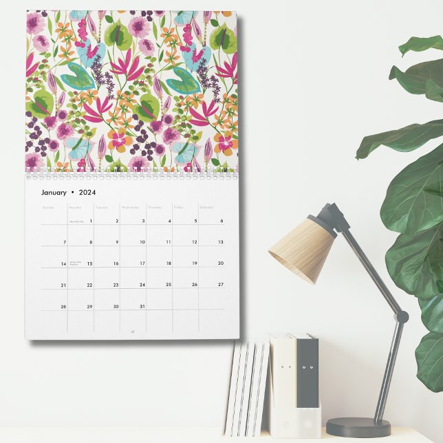 Elegant Vintage Tropical Blommigt Wall Kalender (Pink Blue Green Modern Vintage Floral Tropical Calendar)