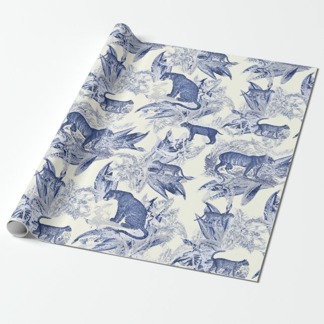 Elegant Vintage Tropical Tiger Blue Toile Mönster Presentpapper (Utrullad)