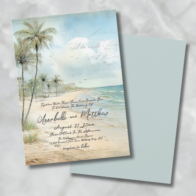 Elegant Vintage Tropisk Strandbröllop Inbjudningar (Elegant Vintage Tropical Beach Wedding Invitation)