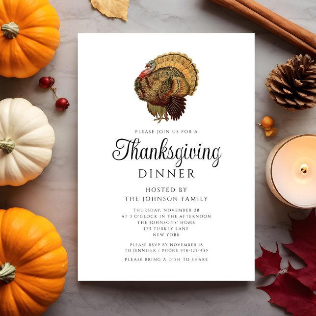 Elegant Vintage Turkiets Thanksgiving Middag Inbjudningar (Elegant Vintage Turkey Thanksgiving Dinner Invitation)