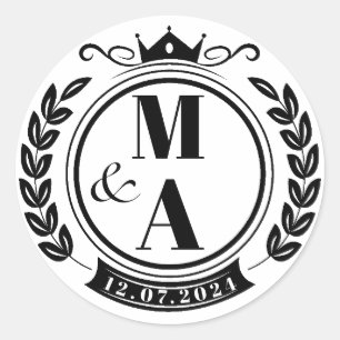 elegant vintage vapenkrans monogram runt klistermärke