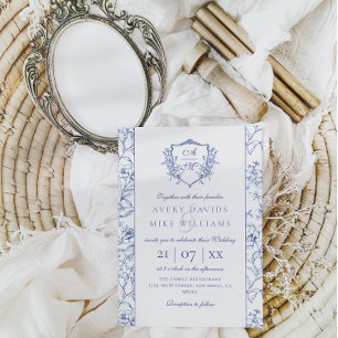 Elegant Vintage Vapensköld Dusty Blue Blommigt Brö Inbjudningar