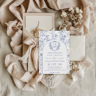 Elegant Vintage Vapensköld Dusty Blue Blommigt Brö Inbjudningar