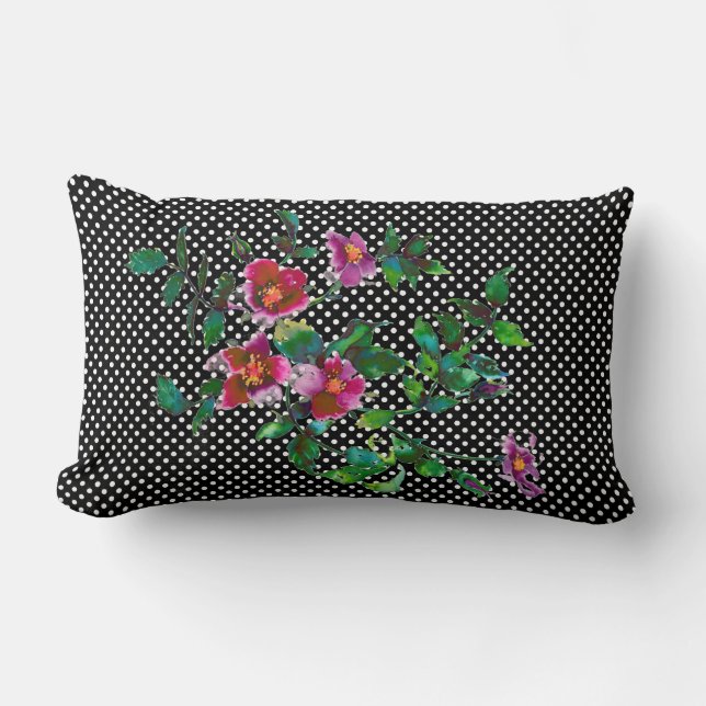 Elegant vintage vattenfärgen rosa ros polka dots lumbarkudde (Framsida)