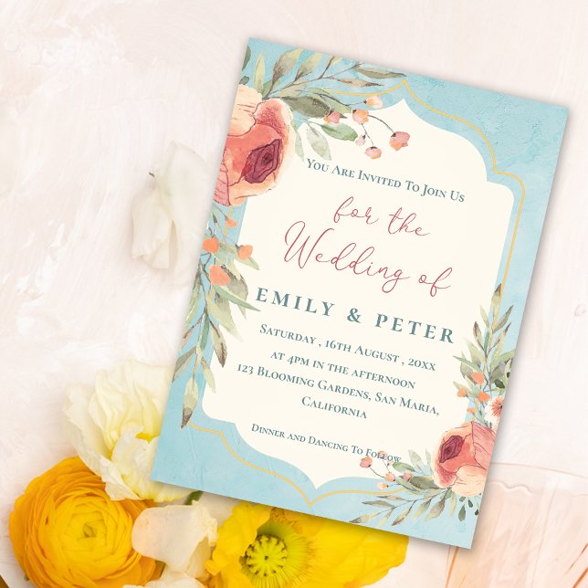 Elegant Vintage Vattenfärgsblå Blommigt Bröllop Inbjudningar (Elegant Vintage Watercolor Blue Floral Wedding Invitation)