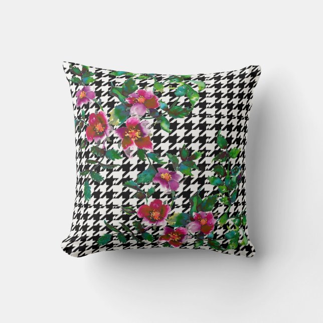Elegant vintage vattenfärgshoundstooth rosa ros kudde (Framsida)