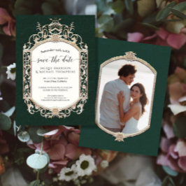 Elegant Vintage Victorian Emerald och Guld Photo Inbjudningar
