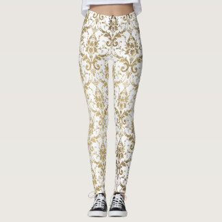 Elegant vintage, vit faux guld blommigt-damm leggings