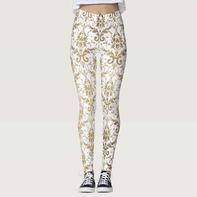 Elegant vintage, vit faux guld blommigt-damm leggings (Framsida)