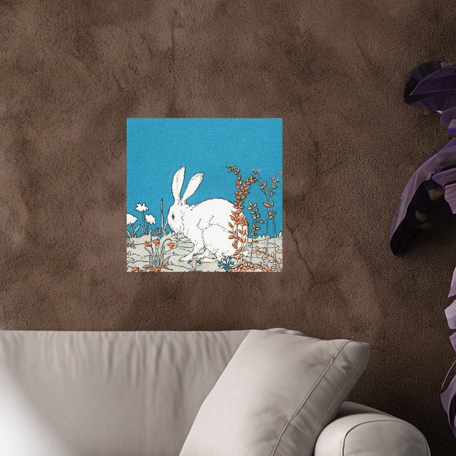 Elegant Vintage Vit Kanin Canvastryck (Fluffy white rabbit sitting in orange and white flowers on deep blue canvas art print.)