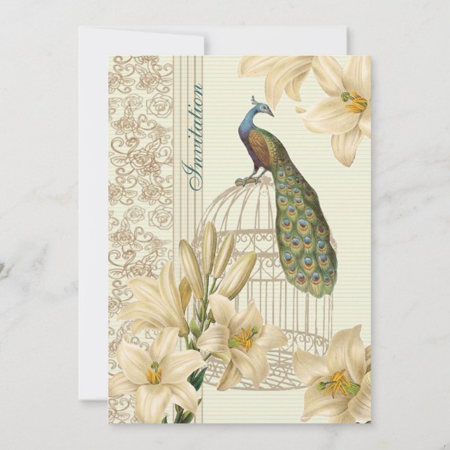 elegant Vintage vit lilja blommande påfågel bröllo Inbjudningar (Baksida)