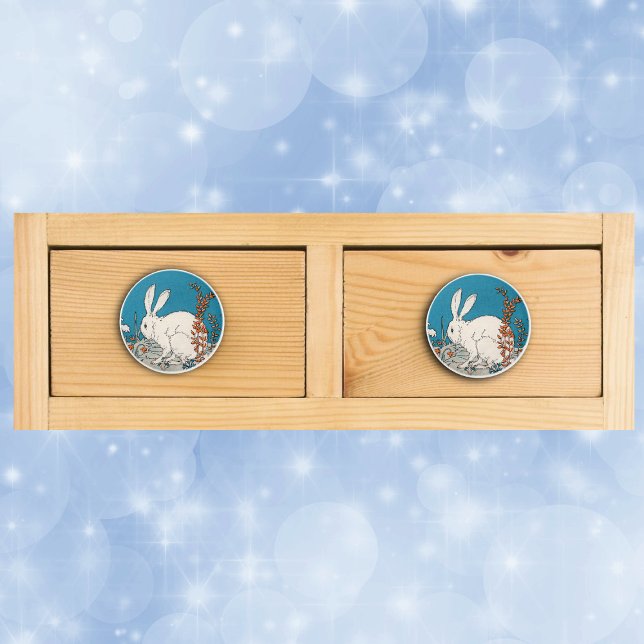 Elegant Vintage Vita kaninblommor Knopp (Fluffly white sitting bunny rabbit in flowers on drawer knob pull.)