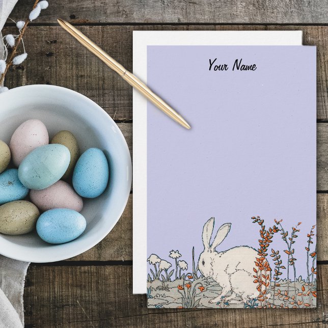 Elegant Vintage Vitkanin Brevpapper (White fluffy rabbit sitting on ground surrounded by flowers on light blue stationery.)